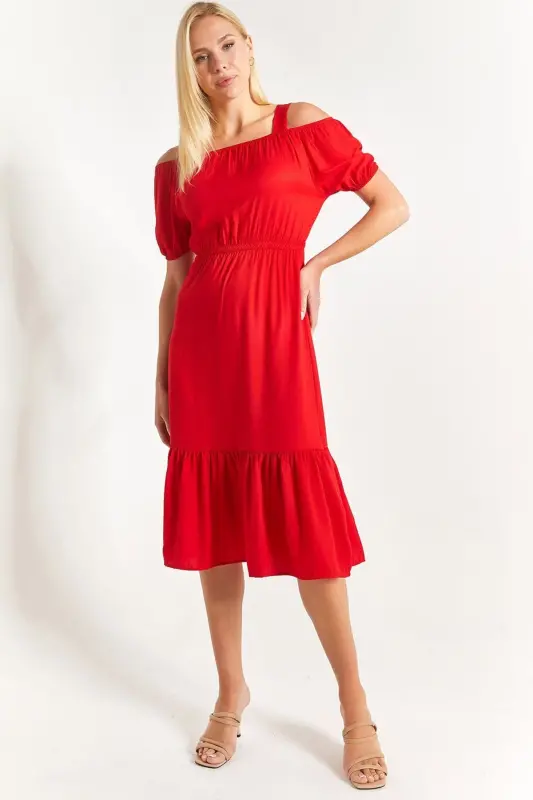 Kadın Kırmızı Beli Lastikli Askılı Elbise Arm-21k001214-Kırmızı - 3