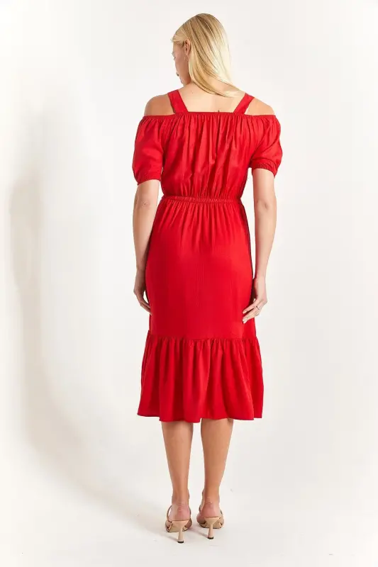 Kadın Kırmızı Beli Lastikli Askılı Elbise Arm-21k001214-Kırmızı - 4