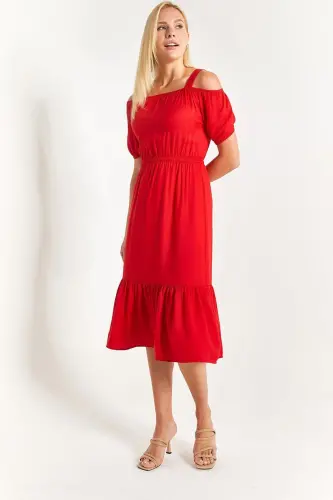 Kadın Kırmızı Beli Lastikli Askılı Elbise Arm-21k001214-Kırmızı - ARMONIKA (1)