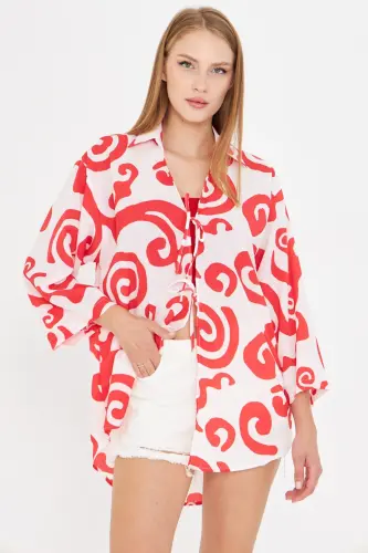 Kadın Kırmızı-Beyaz Gömlek Yakalı Önden Bağcıklı Kimono Gömlek ARM-25K001006 - Kırmızı-Beyaz 