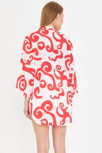 Kadın Kırmızı-Beyaz Gömlek Yakalı Önden Bağcıklı Kimono Gömlek ARM-25K001006 - Kırmızı-Beyaz - 4
