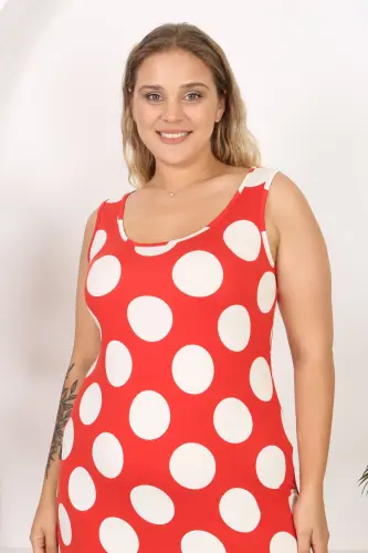 Kadın Kırmızı Beyaz Puantiye Desenli Büyük Beden Askılı Elbise-Kırmızı Beyaz Puantiye - 5