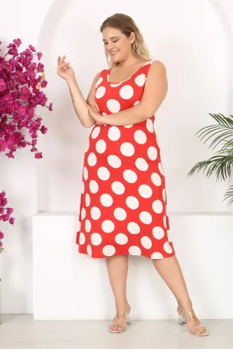 Kadın Kırmızı Beyaz Puantiye Desenli Büyük Beden Askılı Elbise-Kırmızı Beyaz Puantiye 