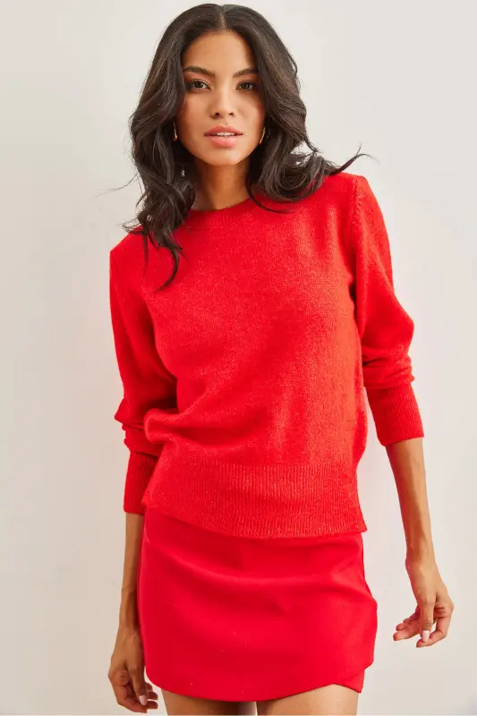 Kadın Kırmızı Bisiklet Yaka Yumuşak Dokulu Basic Triko Kazak KZK-19000845-Kırmızı - OLALOOK