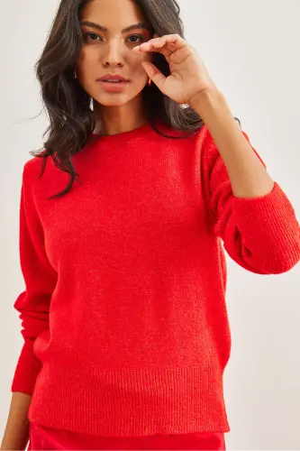 Kadın Kırmızı Bisiklet Yaka Yumuşak Dokulu Basic Triko Kazak KZK-19000845-Kırmızı - 2