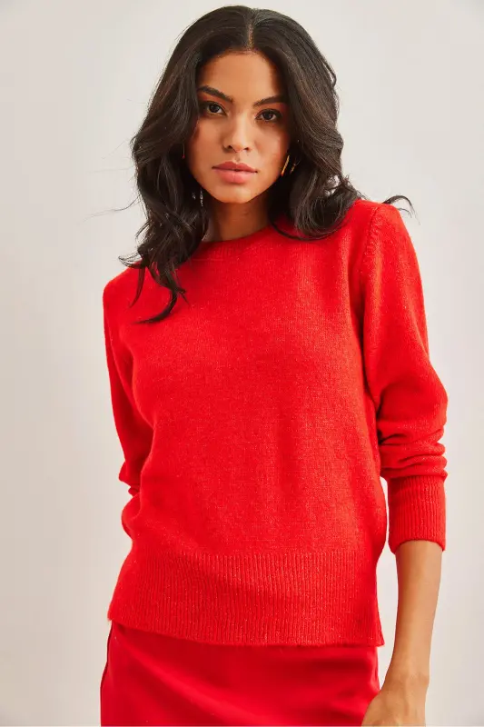 Kadın Kırmızı Bisiklet Yaka Yumuşak Dokulu Basic Triko Kazak KZK-19000845-Kırmızı - 3