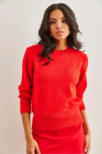 Kadın Kırmızı Bisiklet Yaka Yumuşak Dokulu Basic Triko Kazak KZK-19000845-Kırmızı - 4