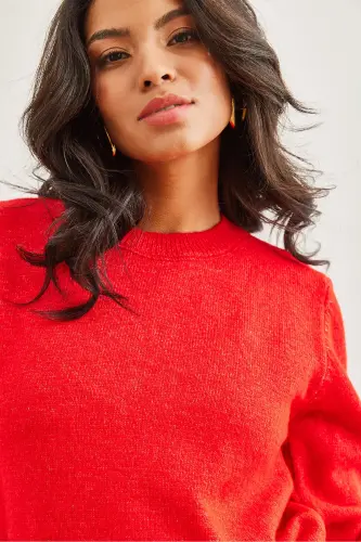 Kadın Kırmızı Bisiklet Yaka Yumuşak Dokulu Basic Triko Kazak KZK-19000845-Kırmızı - 6