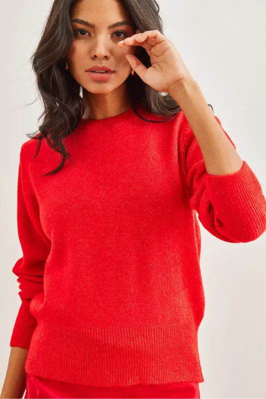 Kadın Kırmızı Bisiklet Yaka Yumuşak Dokulu Basic Triko Kazak KZK-19000845-Kırmızı - 2