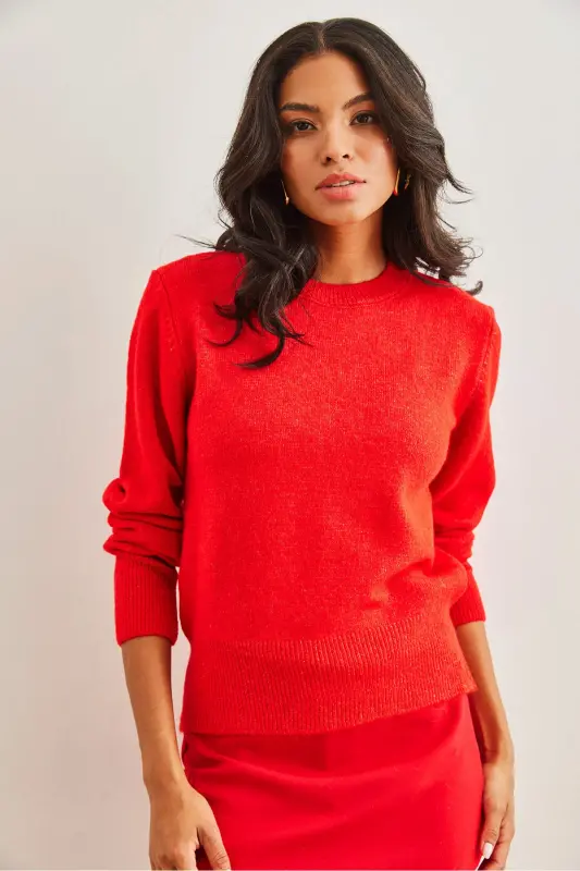 Kadın Kırmızı Bisiklet Yaka Yumuşak Dokulu Basic Triko Kazak KZK-19000845-Kırmızı - 4