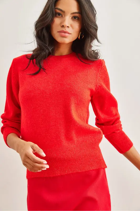 Kadın Kırmızı Bisiklet Yaka Yumuşak Dokulu Basic Triko Kazak KZK-19000845-Kırmızı - 5