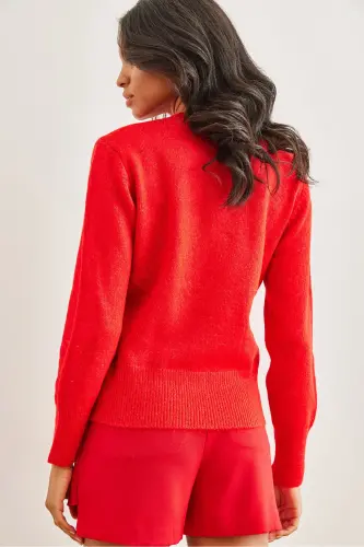 Kadın Kırmızı Bisiklet Yaka Yumuşak Dokulu Basic Triko Kazak KZK-19000845-Kırmızı - 7