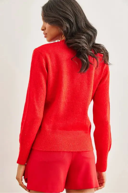 Kadın Kırmızı Bisiklet Yaka Yumuşak Dokulu Basic Triko Kazak KZK-19000845-Kırmızı - 7