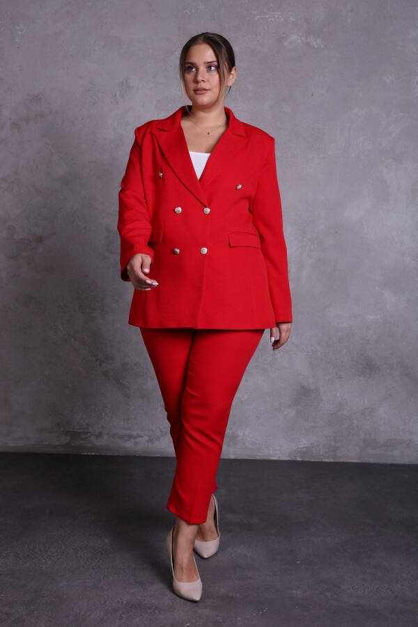 Kadın Kırmızı Blazer Ceket Kemerli Cepli Boru Paça Pantolon Büyük Beden Takım Elbise-Kırmızı - 1