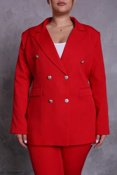 Kadın Kırmızı Blazer Ceket Kemerli Cepli Boru Paça Pantolon Büyük Beden Takım Elbise-Kırmızı - 3
