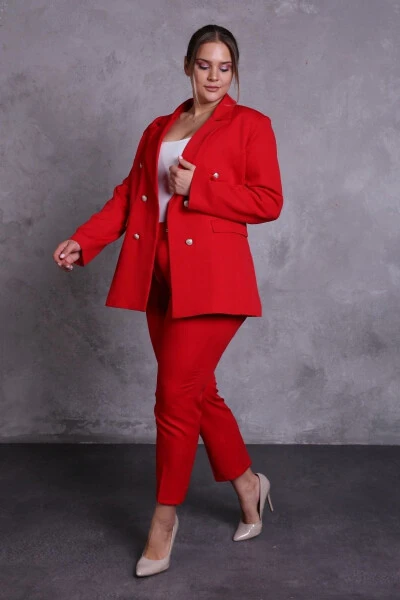 Kadın Kırmızı Blazer Ceket Kemerli Cepli Boru Paça Pantolon Büyük Beden Takım Elbise-Kırmızı - 5