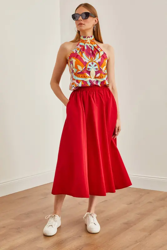 Kadın Kırmızı Cepli Beli Lastikli Midi Dokuma Çan Etek ETK-19000271-Kırmızı - 1