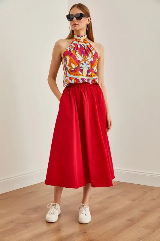 Kadın Kırmızı Cepli Beli Lastikli Midi Dokuma Çan Etek ETK-19000271-Kırmızı - 2