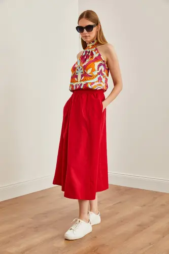 Kadın Kırmızı Cepli Beli Lastikli Midi Dokuma Çan Etek ETK-19000271-Kırmızı - 3