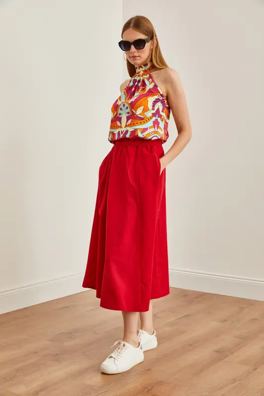 Kadın Kırmızı Cepli Beli Lastikli Midi Dokuma Çan Etek ETK-19000271-Kırmızı - 3