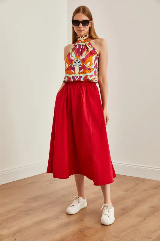 Kadın Kırmızı Cepli Beli Lastikli Midi Dokuma Çan Etek ETK-19000271-Kırmızı - 4