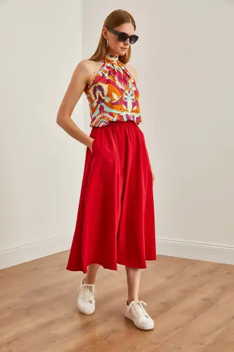 Kadın Kırmızı Cepli Beli Lastikli Midi Dokuma Çan Etek ETK-19000271-Kırmızı - 5