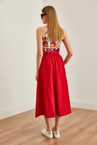 Kadın Kırmızı Cepli Beli Lastikli Midi Dokuma Çan Etek ETK-19000271-Kırmızı - 6