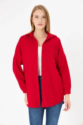 Kadın Kırmızı Cepli Oversize İnce Fitilli Kadife Gömlek ARM-24K001076-Kırmızı - ARMONIKA (1)