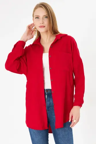 Kadın Kırmızı Cepli Oversize İnce Fitilli Kadife Gömlek ARM-24K001076-Kırmızı 