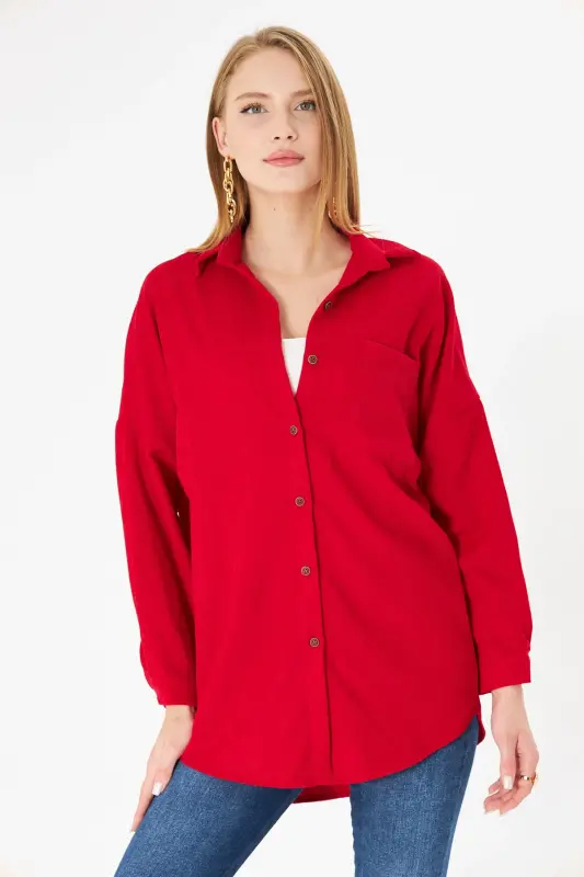 Kadın Kırmızı Cepli Oversize İnce Fitilli Kadife Gömlek ARM-24K001076-Kırmızı - 3