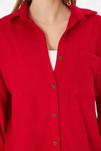 Kadın Kırmızı Cepli Oversize İnce Fitilli Kadife Gömlek ARM-24K001076-Kırmızı - 4
