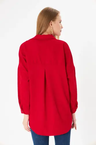 Kadın Kırmızı Cepli Oversize İnce Fitilli Kadife Gömlek ARM-24K001076-Kırmızı - 5