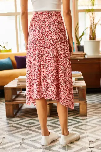 Kadın Kırmızı Çiçekli Asimetrik Desenli Etek ETK-19000122-Kırmızı Çiçekli - 5