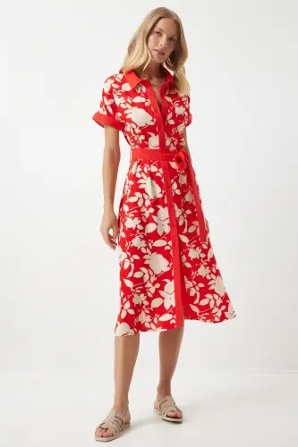 Kadın Kırmızı Çiçekli Yazlık İnce Viskon Elbise DD01311 - Kırmızı - 4