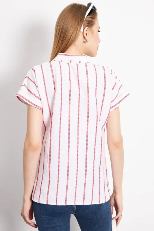 Kadın Kırmızı Çizgili Kısa Kol Gömlek ARM-24Y001067-Kırmızı - 5