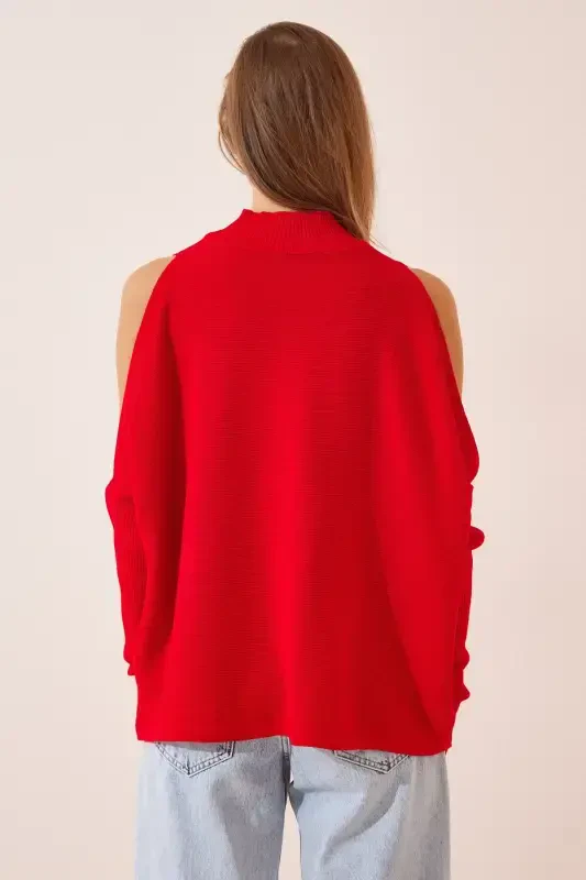 Kadın Kırmızı Cut Out Detaylı Oversize Triko Kazak AS00015-Kırmızı - 4