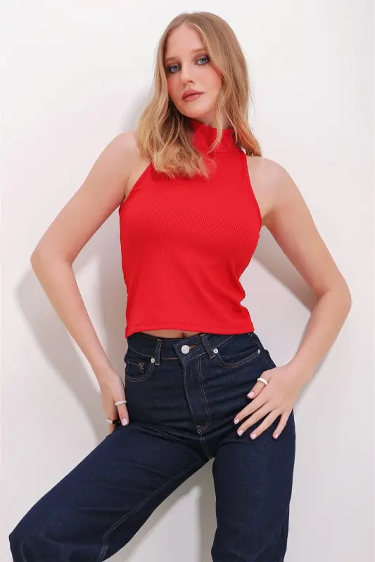 Kırmızı Dik Yaka Halter Kollu Kaşkorse Bluz ALC-X11497 - KIRMIZI - 1