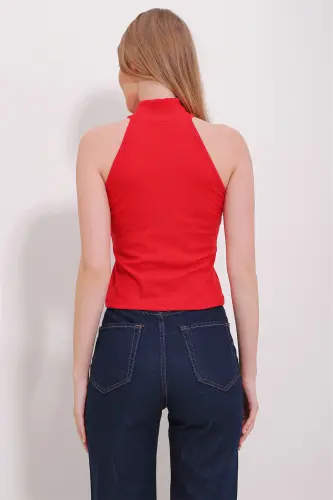 Kırmızı Dik Yaka Halter Kollu Kaşkorse Bluz ALC-X11497 - KIRMIZI - 3