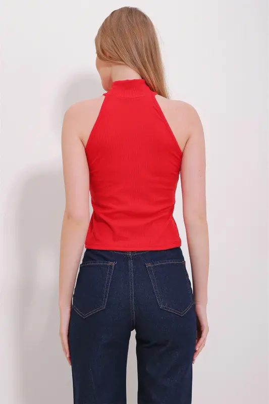 Kırmızı Dik Yaka Halter Kollu Kaşkorse Bluz ALC-X11497 - KIRMIZI - 3
