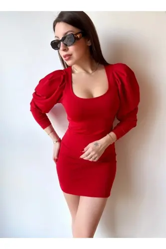 Kadın Kırmızı Esnek Kumaş Karpuz Uzun Kol Yuvarlak Yaka Mini Abiye Elbise - Karpuz Kırmızı - 2