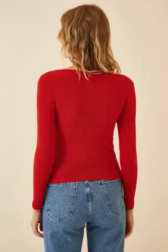 Kadın Kırmızı Kare Yaka Fitilli Örme Bluz GT00052-Kırmızı - 3