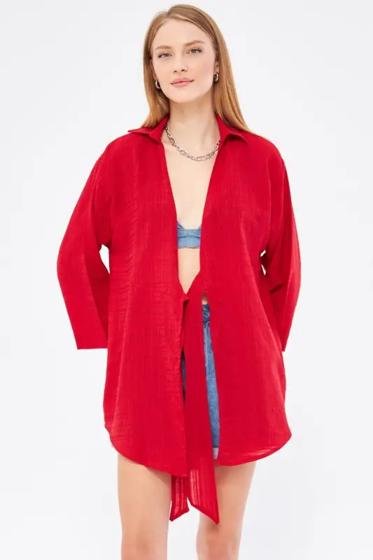 Kadın Kırmızı Kendinden Çizgili Önden Bağlamalı Kimono Gömlek ARM-24Y001101-Kırmızı - 2