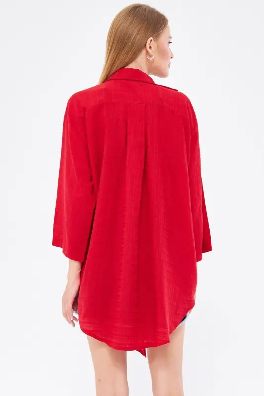 Kadın Kırmızı Kendinden Çizgili Önden Bağlamalı Kimono Gömlek ARM-24Y001101-Kırmızı - 4