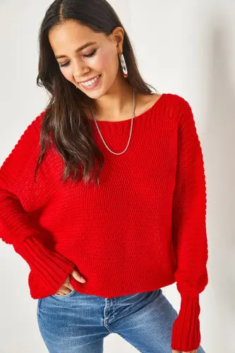 Kadın Kırmızı Kol Detaylı Petek Örgü Kazak KZK-19000399-Kırmızı - 2
