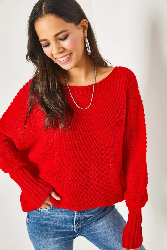 Kadın Kırmızı Kol Detaylı Petek Örgü Kazak KZK-19000399-Kırmızı - 2