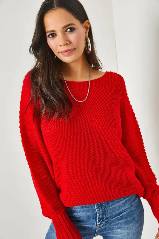 Kadın Kırmızı Kol Detaylı Petek Örgü Kazak KZK-19000399-Kırmızı - OLALOOK