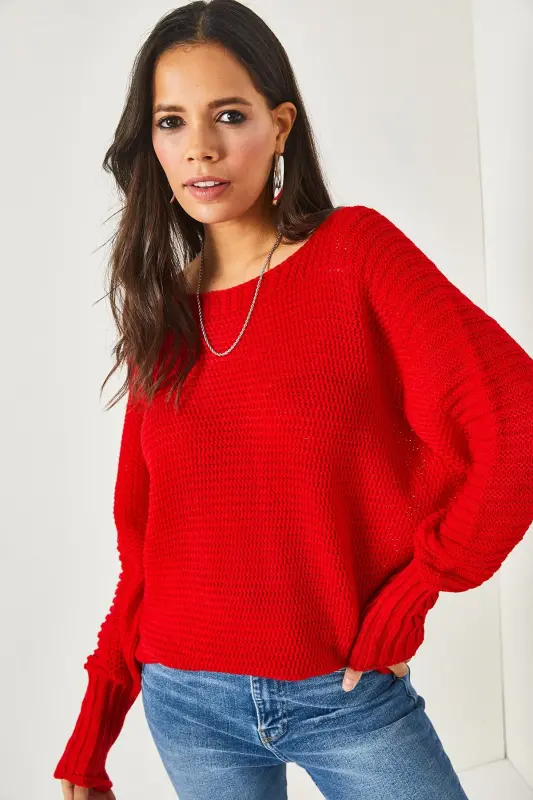 Kadın Kırmızı Kol Detaylı Petek Örgü Kazak KZK-19000399-Kırmızı - 3