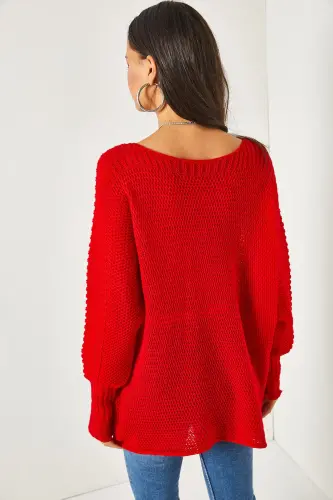 Kadın Kırmızı Kol Detaylı Petek Örgü Kazak KZK-19000399-Kırmızı - 4