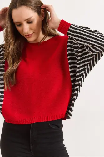 Kadın Kırmızı Kol Detaylı Triko Kazak KZK-19000817-Kırmızı - 1