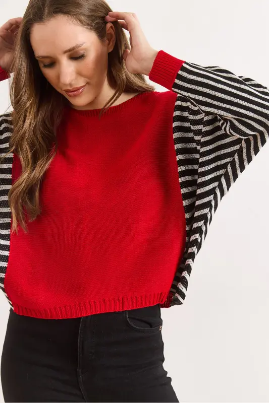 Kadın Kırmızı Kol Detaylı Triko Kazak KZK-19000817-Kırmızı - OLALOOK